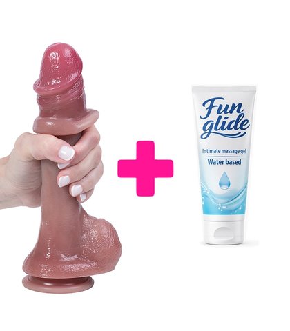 SILIKONSKI DILDO SA KOžICOM I REALISTIčNIM TESTISIMA 23CM + FUN GLIDE VAGINAL 100ML